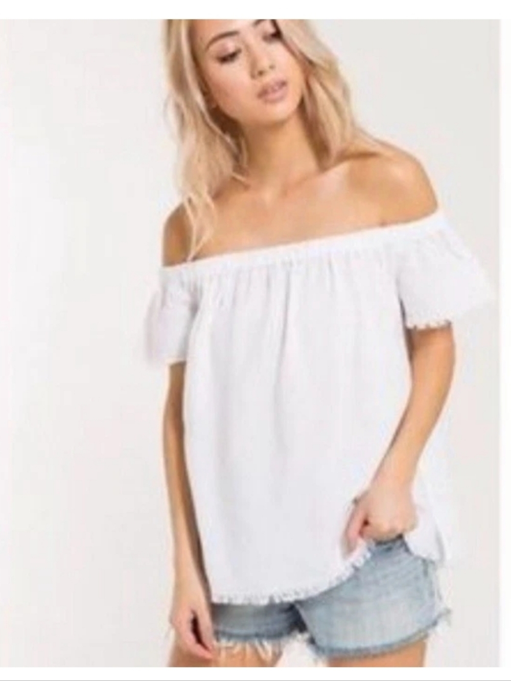 Cloth & Stone Anthropologie White Off the Shoulder Small Top Fray Hem Tencel